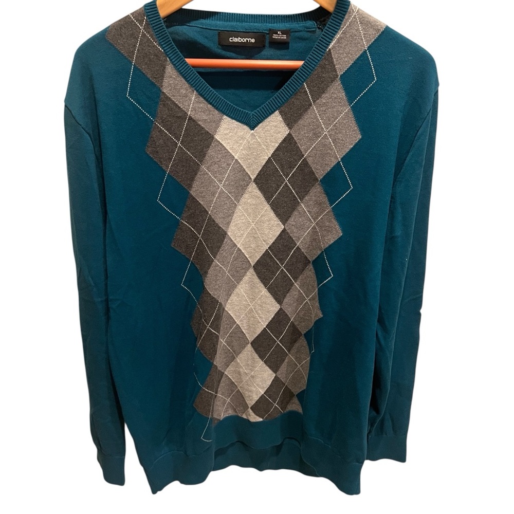 Claiborne Teal V-Neck‎ Argyle Sweater men’s XL
